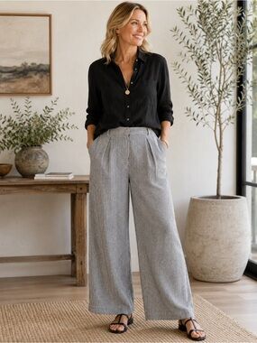 Max Studio XL Linen Blend Cropped Wide Leg Pants Black White Pinstripe